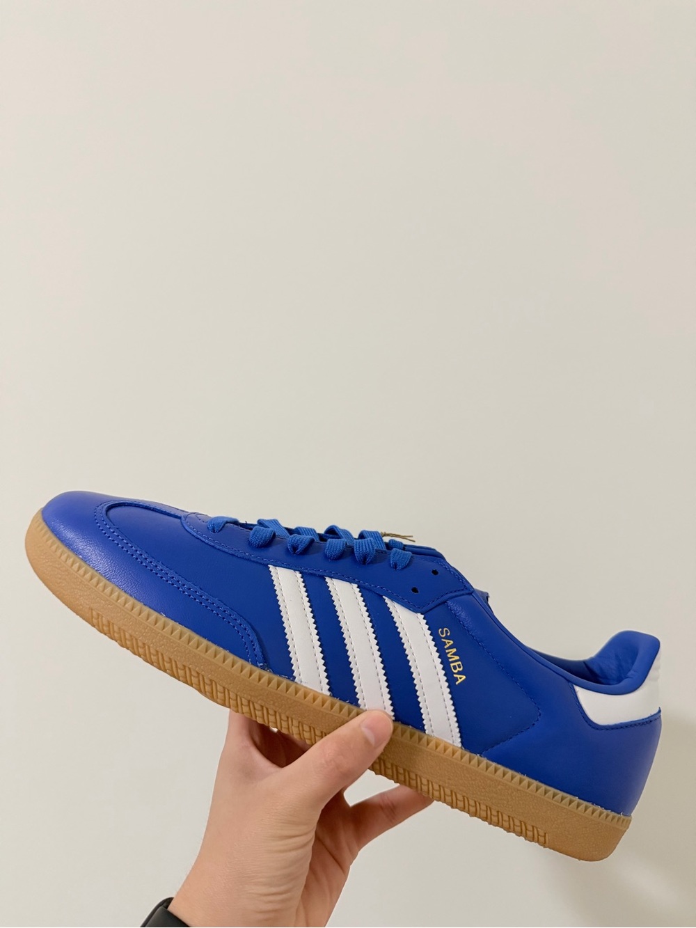 adidas Samba Blue Leather Sneaker with White Stripes and Gum Sole